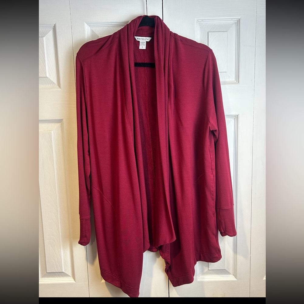 Athleta Burgundy Open Front Cardigan Women’s Size L Drapey Pockets Athleisure